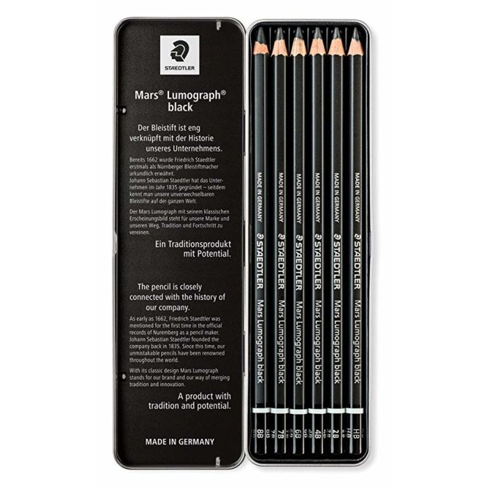 6 Staedtler Mars Lumograph Black Charcoal Pencils set 